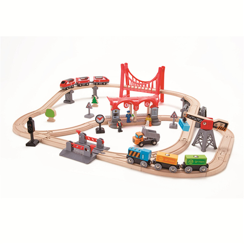 हाप व्यस्त सिटी ट्रेन रेल सेट |Toddlers के लिए पूरा शहर थीम्ड लकड़ी रेल खिलौना सेट