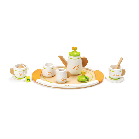 दो लकड़ी की चाय पार्टी नाटक के लिए हेप चाय | लकड़ी के नाटक बच्चों के लिए चाय सेट, रसोई सहायक उपकरण किट में 2-कप, सॉकर, चम्मच और सेवा ट्रे शामिल हैं