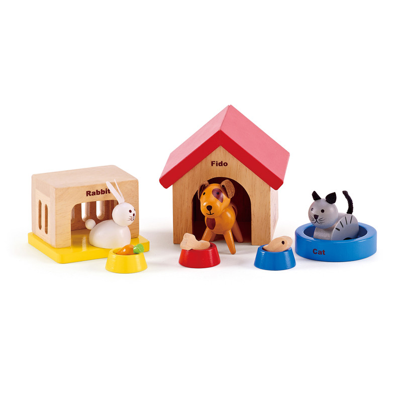 पारिवारिक पालतू जानवर लकड़ी के गुड़ियाघर पशु हाम द्वारा सेट | अपने लकड़ी के गुड़िया घर को खुश कुत्ते, बिल्ली, बनी पालतू जानवरों के साथ मानार्थ घरों और खाद्य कटोरे के साथ पूरा करें