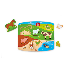 हेप फार्म पशु पहेली | घोड़े, भेड़, गाय, खरगोश, सुअर, चिकन और बतख के साथ बहु रंग फार्मयार्ड लकड़ी के जिग्स पहेली खिलौना
